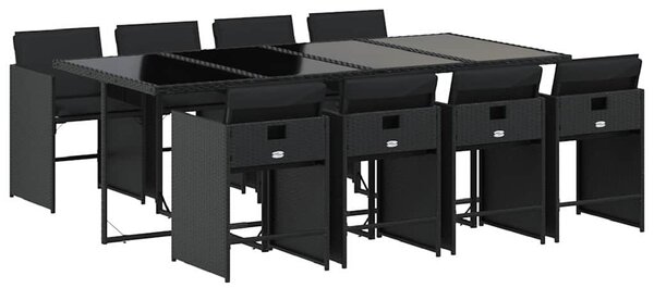 9 részes fekete polyrattan kerti étkezőgarnitúra párnákkal