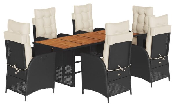 7 részes fekete polyrattan kerti étkezőgarnitúra párnával