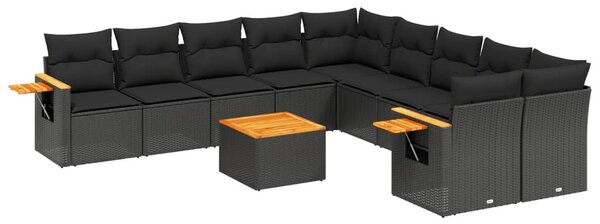 11 részes fekete polyrattan kerti ülőgarnitúra párnákkal