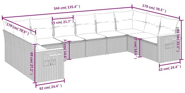 10 részes fekete polyrattan kerti ülőgarnitúra párnákkal