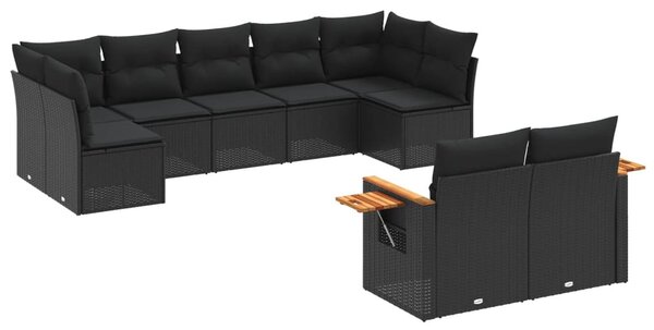 9 részes fekete polyrattan kerti ülőgarnitúra párnákkal