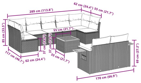 10 részes fekete polyrattan kerti ülőgarnitúra párnákkal
