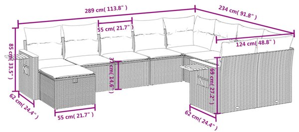 10 részes fekete polyrattan kerti ülőgarnitúra párnákkal