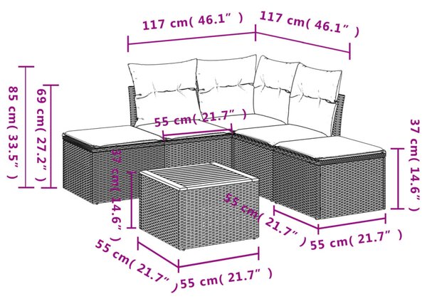 6 részes szürke polyrattan kerti ülőgarnitúra párnákkal
