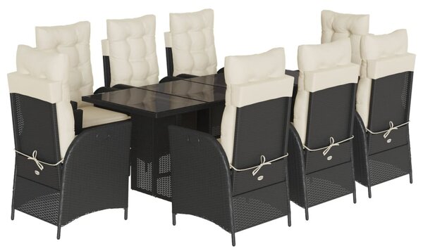 9 részes fekete polyrattan kerti étkezőgarnitúra párnákkal