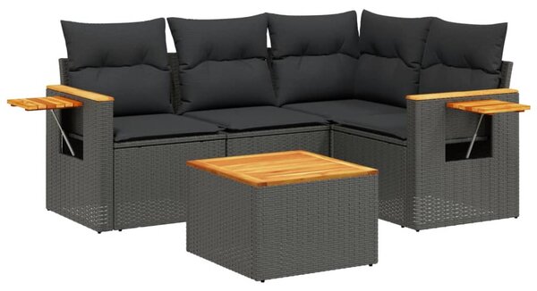 5 részes fekete polyrattan kerti kanapészett párnákkal