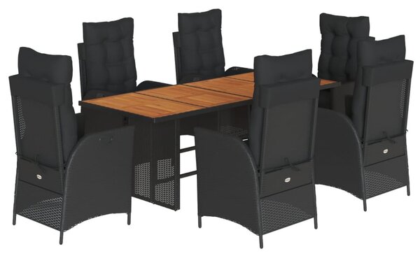7 részes fekete polyrattan kerti étkezőgarnitúra párnával