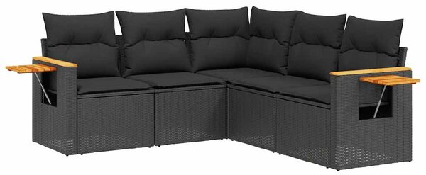 5 részes fekete polyrattan kerti kanapészett párnákkal