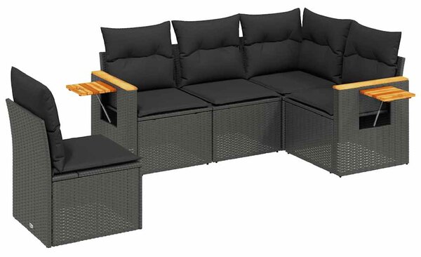 5 részes fekete polyrattan kerti kanapészett párnákkal