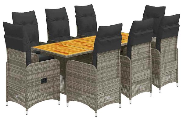 9 részes szürke polyrattan kerti bisztrógarnitúra párnákkal
