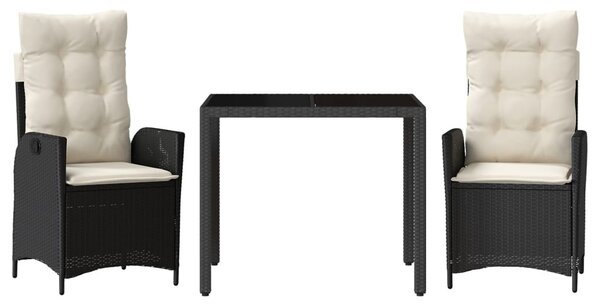 3 részes fekete polyrattan kerti étkezőgarnitúra párnákkal