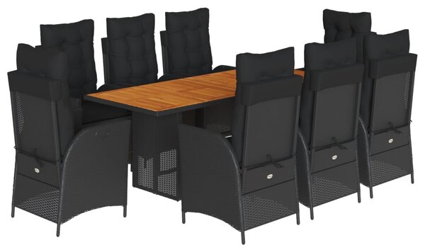 9 részes fekete polyrattan kerti étkezőgarnitúra párnákkal