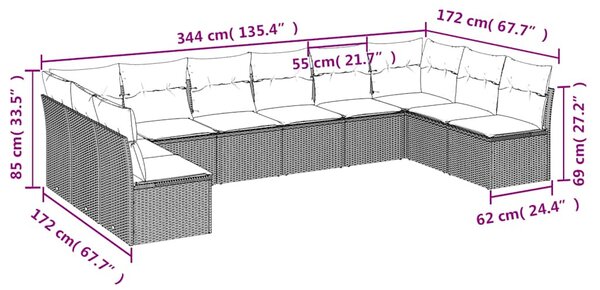 10 részes barna polyrattan kerti ülőgarnitúra párnákkal