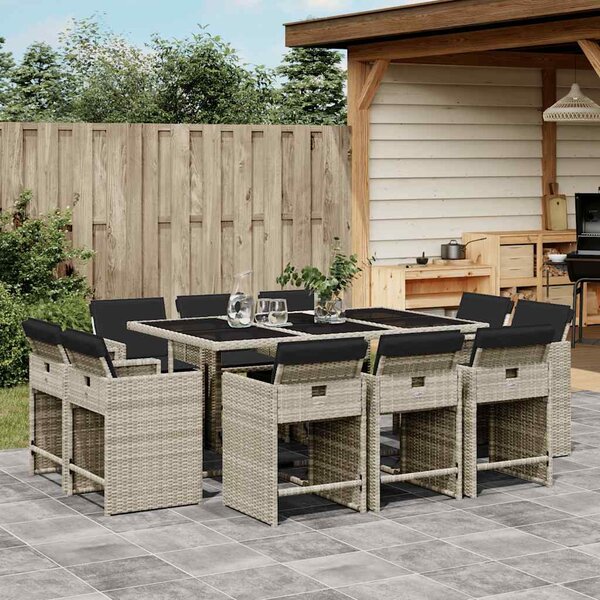 11 részes világosszürke polyrattan kerti ülőgarnitúra párnákkal