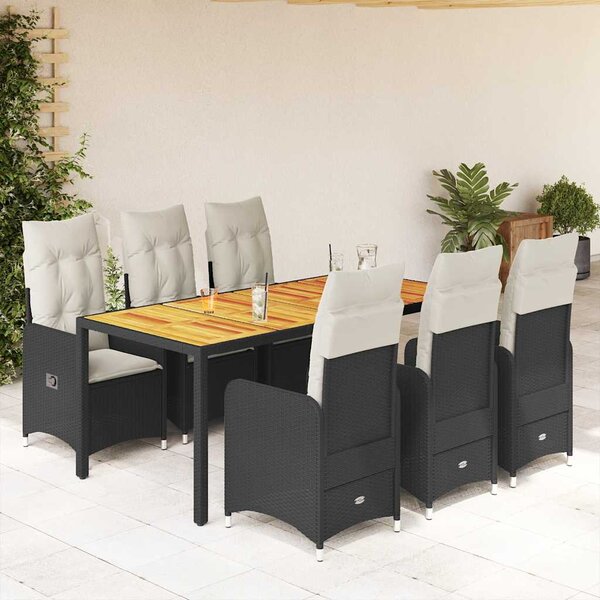 7 részes fekete polyrattan kerti bisztrógarnitúra párnákkal