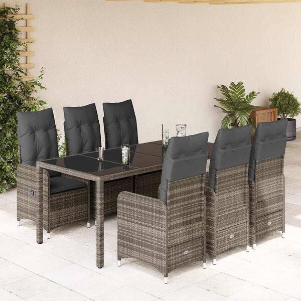 7 részes szürke polyrattan kerti bisztrógarnitúra párnákkal