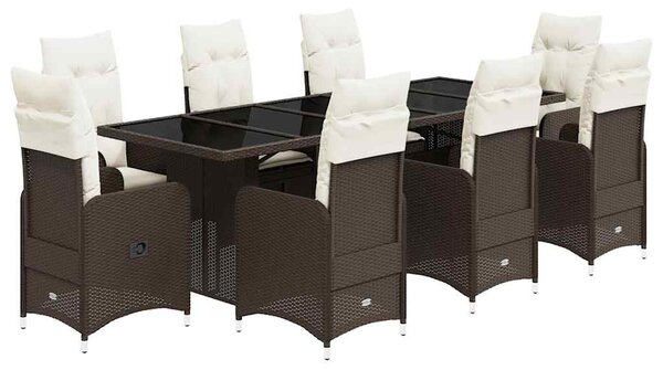 9 részes barna polyrattan kerti bisztrógarnitúra párnákkal