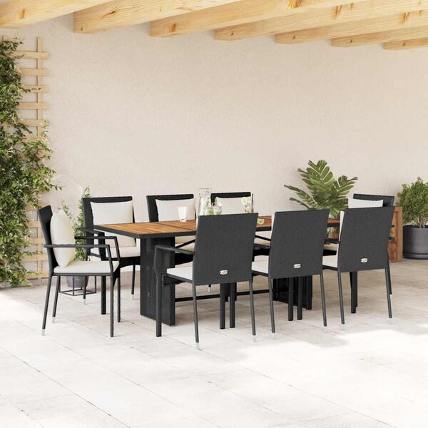9 részes fekete polyrattan kerti étkezőgarnitúra párnákkal