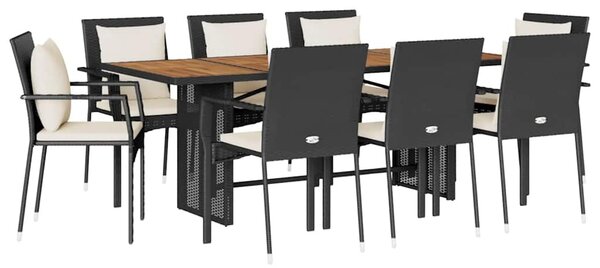 9 részes fekete polyrattan kerti étkezőgarnitúra párnákkal