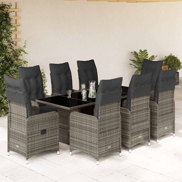 9 részes szürke polyrattan kerti bisztrógarnitúra párnákkal