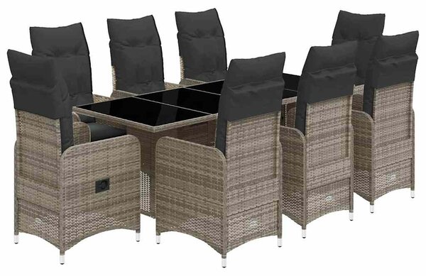 9 részes szürke polyrattan kerti bisztrógarnitúra párnákkal