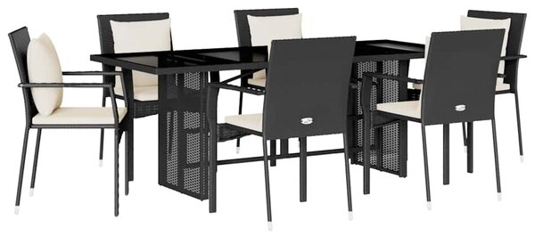 7 részes fekete polyrattan kerti étkezőgarnitúra párnával
