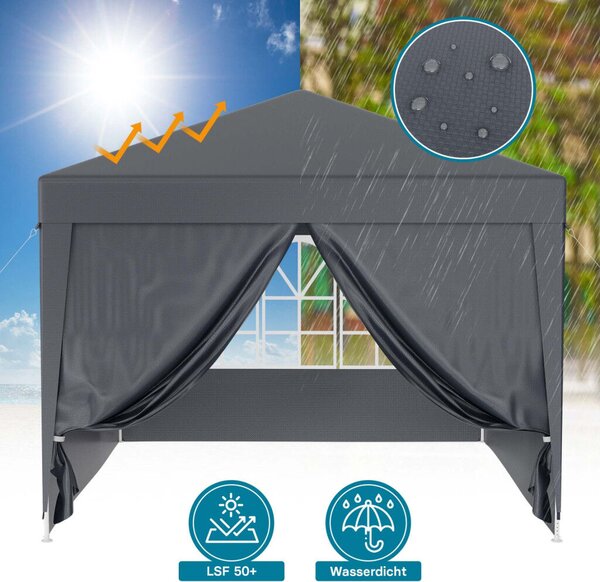 Toboli kerti pavilon 50+ UV védelem kivehető oldalak ablakos, 3 x 3m, Szürke (63420)