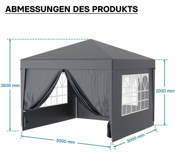 Toboli kerti pavilon 50+ UV védelem kivehető oldalak ablakos, 3 x 3m, Szürke (63420)