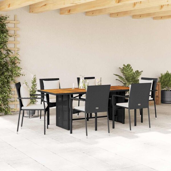 7 részes fekete polyrattan kerti étkezőgarnitúra párnával
