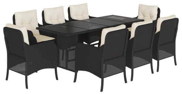 9 részes fekete polyrattan kerti étkezőgarnitúra párnákkal