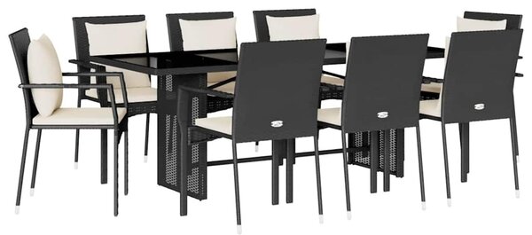 9 részes fekete polyrattan kerti étkezőgarnitúra párnákkal