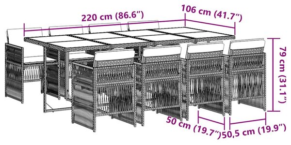9részes világosszürke polyrattan kerti étkezőgarnitúra párnával