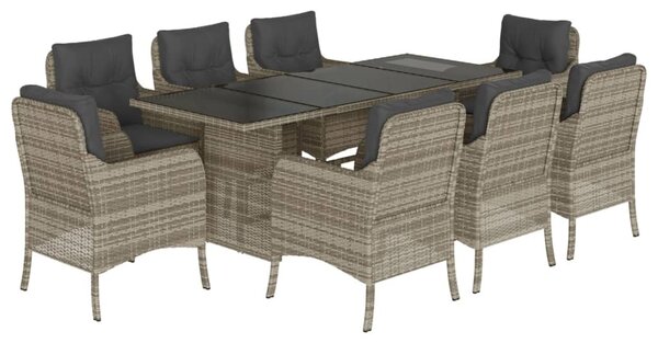 9részes világosszürke polyrattan kerti étkezőgarnitúra párnával