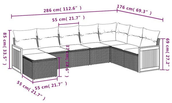 8 részes fekete polyrattan kerti ülőgarnitúra párnákkal