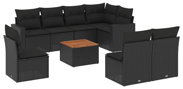 9 részes fekete polyrattan kerti ülőgarnitúra párnákkal