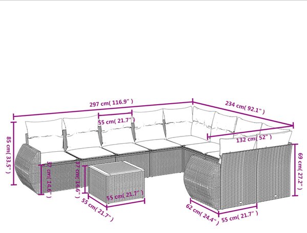 10 részes fekete polyrattan kerti ülőgarnitúra párnákkal