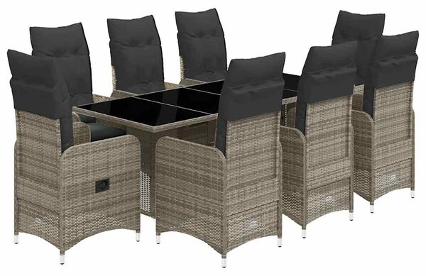 9 részes szürke polyrattan kerti bisztrógarnitúra párnákkal