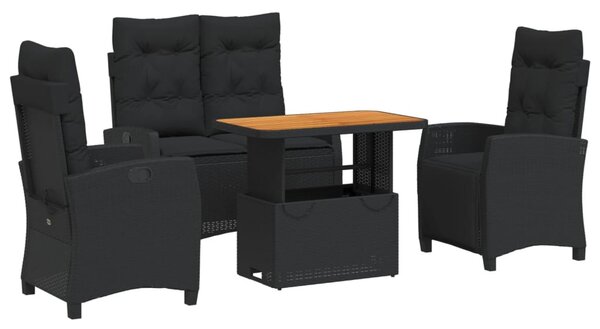 4 részes fekete polyrattan kerti étkezőszett párnákkal
