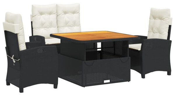 4 részes fekete polyrattan kerti étkezőszett párnákkal