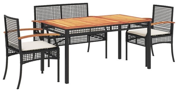 4 részes fekete polyrattan kerti étkezőszett párnákkal