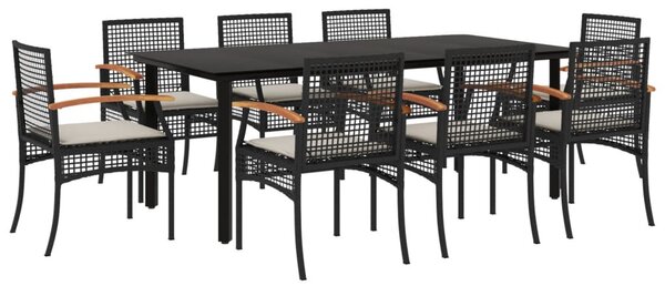 9 részes fekete polyrattan kerti étkezőgarnitúra párnákkal