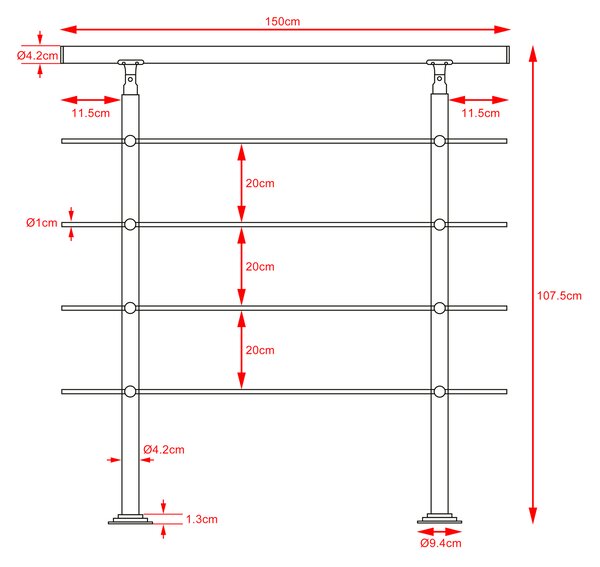 Monzana® Lépcsőkorlát 4 támasztóval - 150 cm