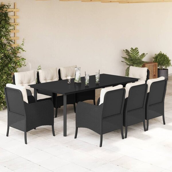 9 részes fekete polyrattan kerti étkezőgarnitúra párnákkal