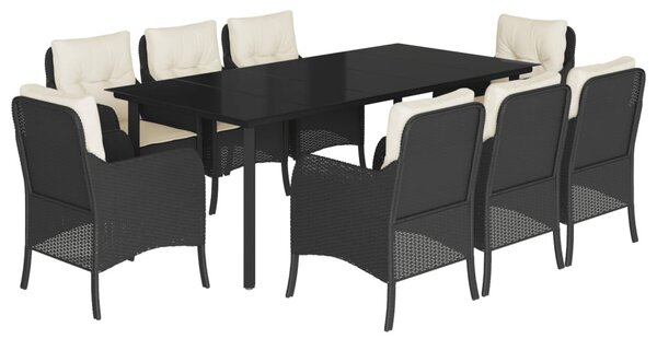 9 részes fekete polyrattan kerti étkezőgarnitúra párnákkal