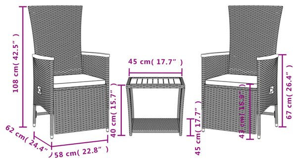 3 részes fekete polyrattan kerti étkezőgarnitúra párnákkal