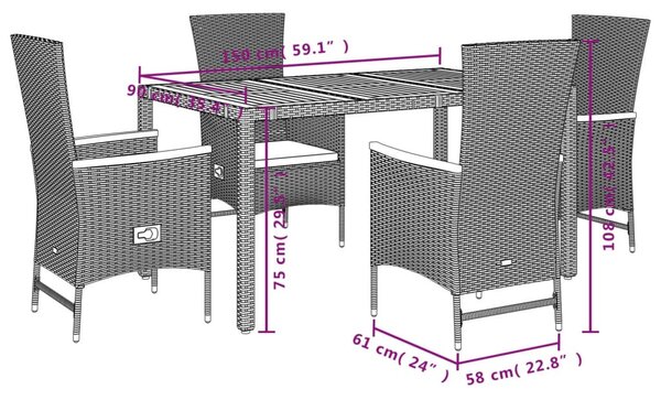 5 részes fekete polyrattan kerti étkezőgarnitúra párnákkal