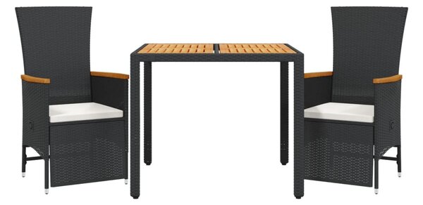 3 részes fekete polyrattan kerti étkezőgarnitúra párnákkal