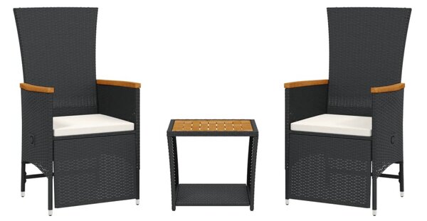 3 részes fekete polyrattan kerti étkezőgarnitúra párnákkal