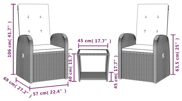 3 részes szürke polyrattan kerti étkezőgarnitúra párnával