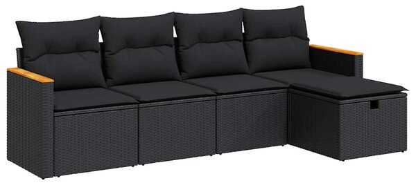 5 részes fekete polyrattan kerti kanapészett párnákkal